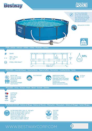 Bestway Steel Pro Max | Round Frame Swimming Pool with Filter Pump, Above Ground Frame Pools, Grey, 10β