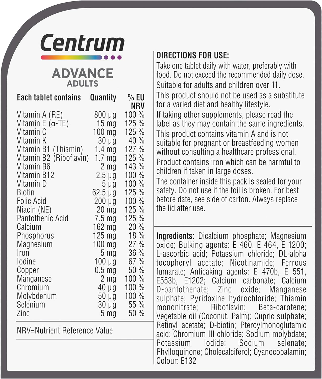 Centrum Advance Multivitamin Tablets for Men and Women, Vitamins with 24 Essential Nutrients, including Vitamin C, D and Zinc, 180 ct (Packaging and Tablet colour may vary slightly)