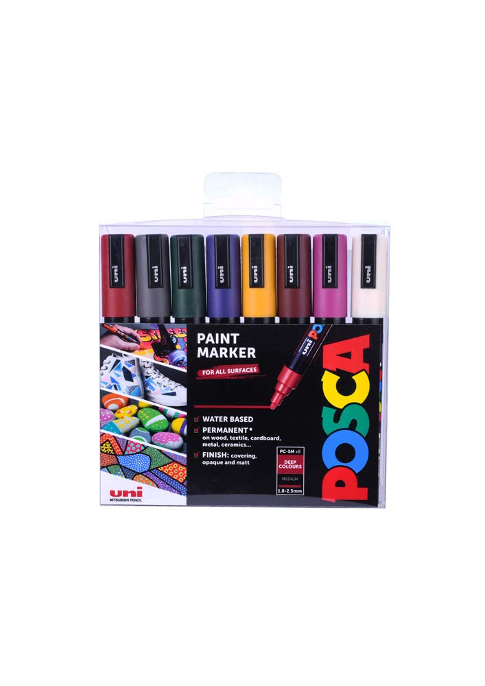 POSCA PC-1M Water Based Permanent Marker Paint Pens. Extra Fine Tip for Art & Crafts. Multi Surface Use On Wood Metal Paper Canvas Cardboard Glass Fabric Ceramic Rock Stone Pebble Porcelain. Set of 8