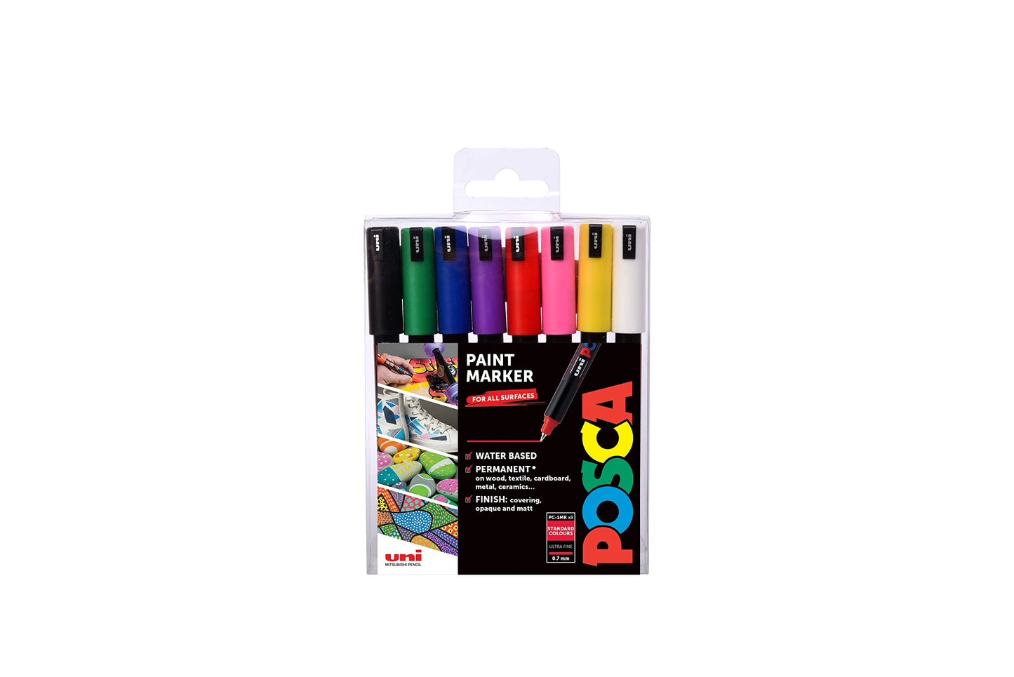 POSCA PC-1M Water Based Permanent Marker Paint Pens. Extra Fine Tip for Art & Crafts. Multi Surface Use On Wood Metal Paper Canvas Cardboard Glass Fabric Ceramic Rock Stone Pebble Porcelain. Set of 8