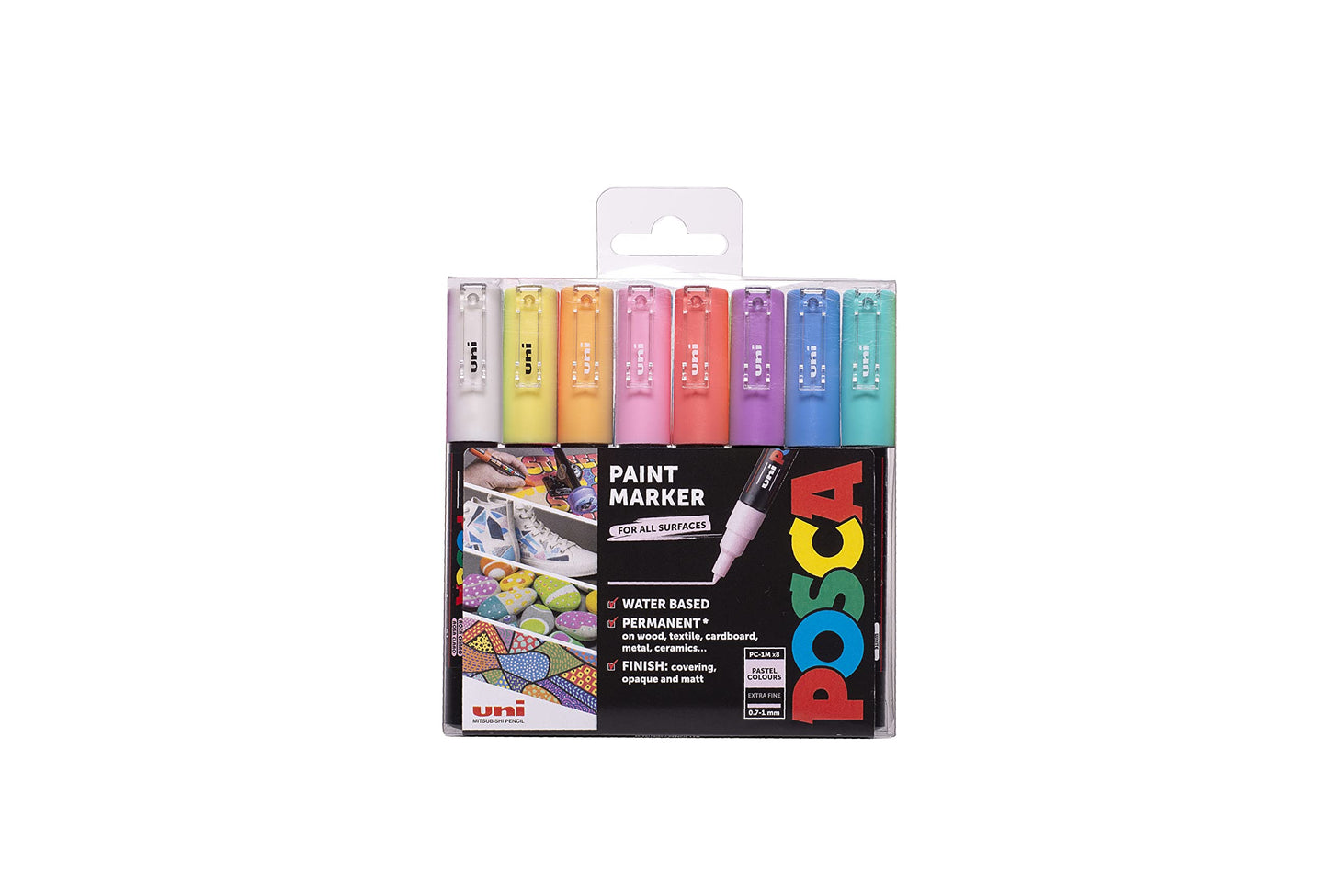 POSCA PC-1M Water Based Permanent Marker Paint Pens. Extra Fine Tip for Art & Crafts. Multi Surface Use On Wood Metal Paper Canvas Cardboard Glass Fabric Ceramic Rock Stone Pebble Porcelain. Set of 8