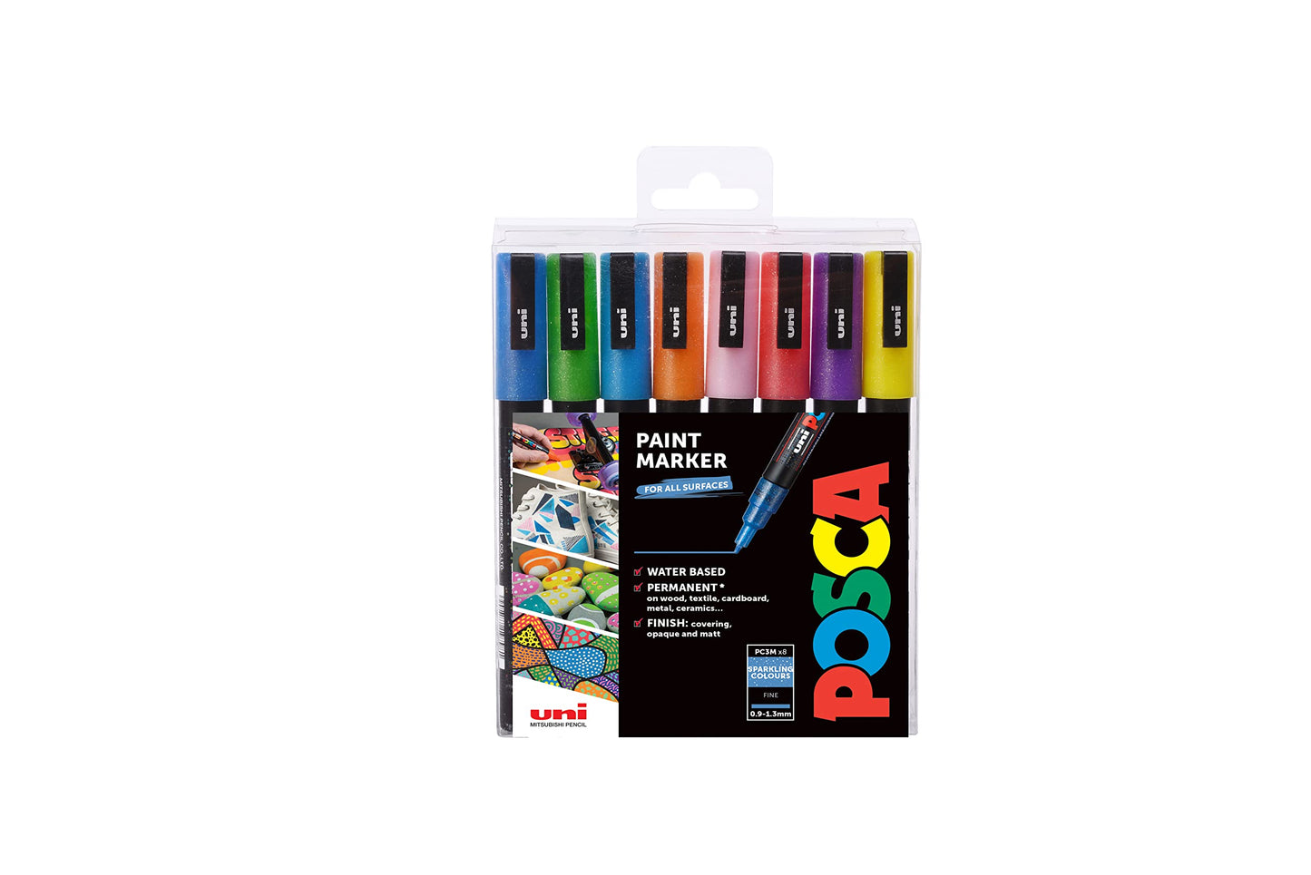 POSCA PC-1M Water Based Permanent Marker Paint Pens. Extra Fine Tip for Art & Crafts. Multi Surface Use On Wood Metal Paper Canvas Cardboard Glass Fabric Ceramic Rock Stone Pebble Porcelain. Set of 8