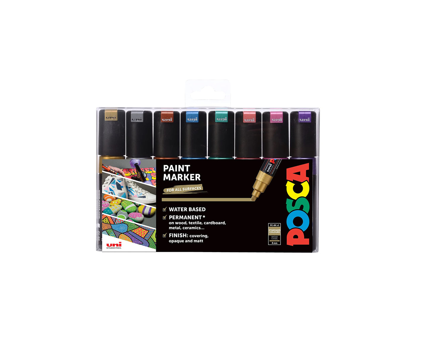 POSCA PC-1M Water Based Permanent Marker Paint Pens. Extra Fine Tip for Art & Crafts. Multi Surface Use On Wood Metal Paper Canvas Cardboard Glass Fabric Ceramic Rock Stone Pebble Porcelain. Set of 8