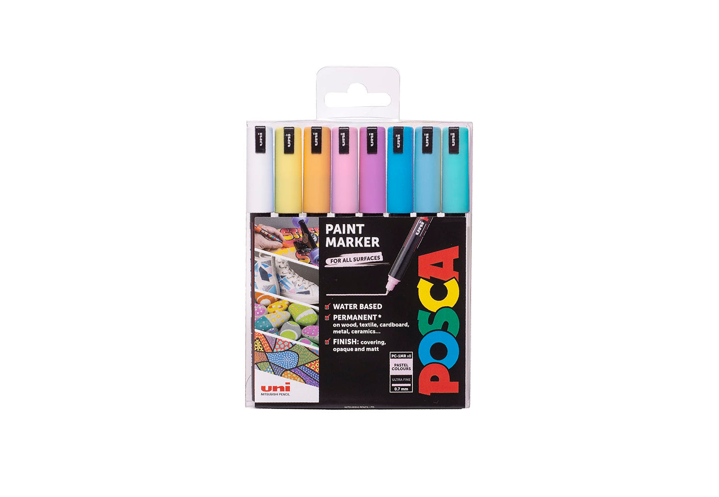 POSCA PC-1M Water Based Permanent Marker Paint Pens. Extra Fine Tip for Art & Crafts. Multi Surface Use On Wood Metal Paper Canvas Cardboard Glass Fabric Ceramic Rock Stone Pebble Porcelain. Set of 8