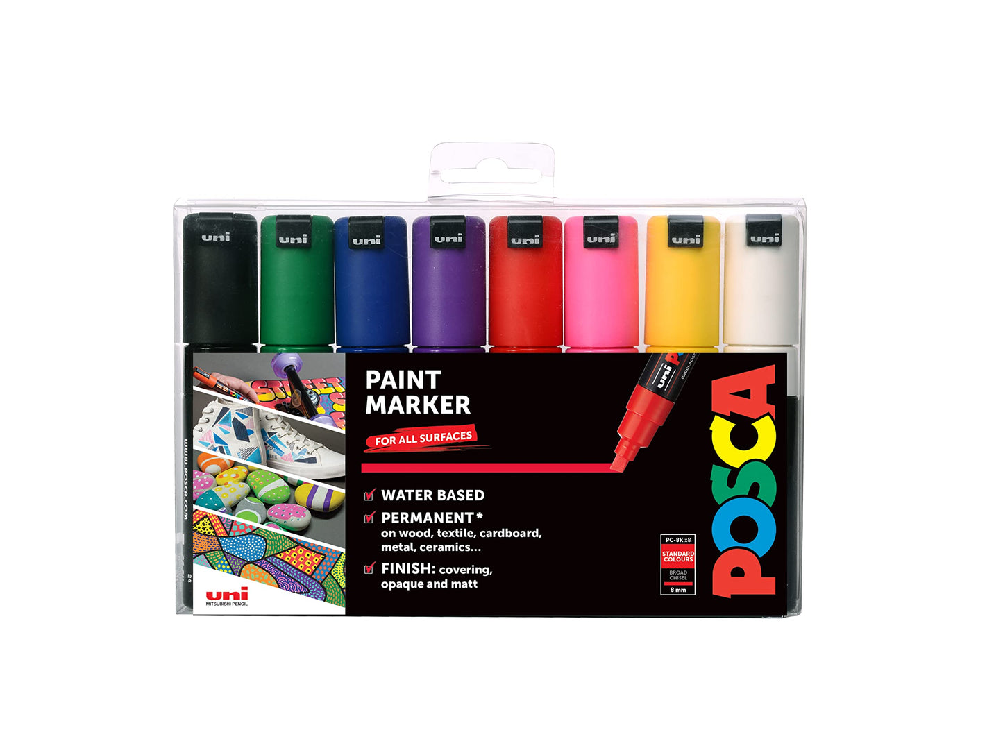 POSCA PC-1M Water Based Permanent Marker Paint Pens. Extra Fine Tip for Art & Crafts. Multi Surface Use On Wood Metal Paper Canvas Cardboard Glass Fabric Ceramic Rock Stone Pebble Porcelain. Set of 8