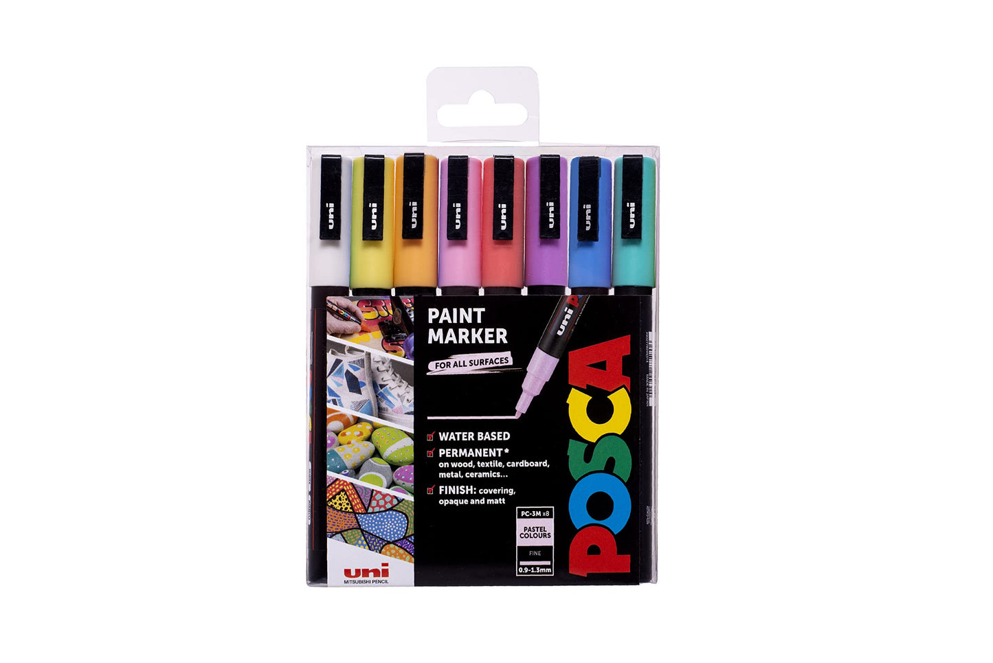 POSCA PC-1M Water Based Permanent Marker Paint Pens. Extra Fine Tip for Art & Crafts. Multi Surface Use On Wood Metal Paper Canvas Cardboard Glass Fabric Ceramic Rock Stone Pebble Porcelain. Set of 8