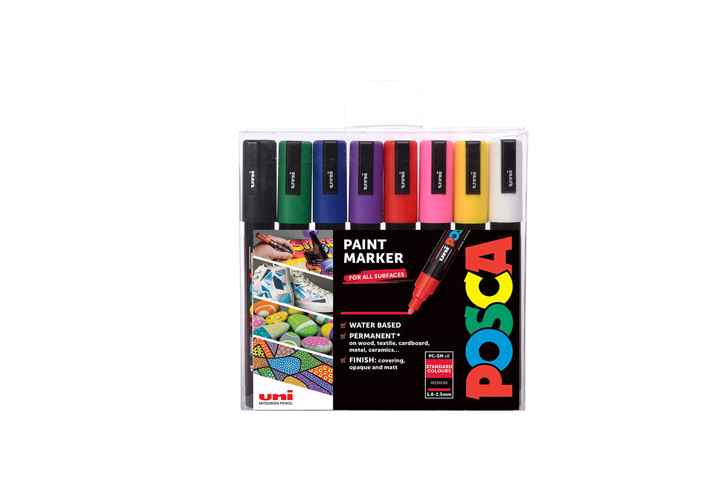 POSCA PC-1M Water Based Permanent Marker Paint Pens. Extra Fine Tip for Art & Crafts. Multi Surface Use On Wood Metal Paper Canvas Cardboard Glass Fabric Ceramic Rock Stone Pebble Porcelain. Set of 8