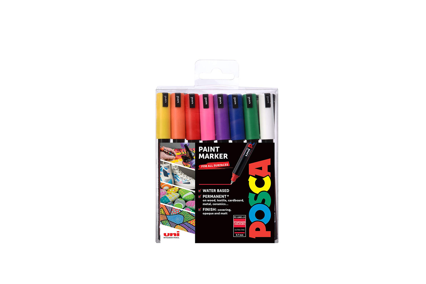 POSCA PC-1M Water Based Permanent Marker Paint Pens. Extra Fine Tip for Art & Crafts. Multi Surface Use On Wood Metal Paper Canvas Cardboard Glass Fabric Ceramic Rock Stone Pebble Porcelain. Set of 8