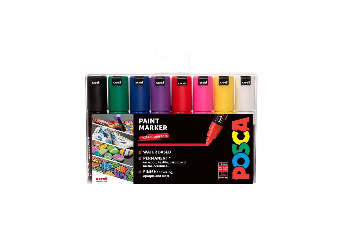 POSCA PC-1M Water Based Permanent Marker Paint Pens. Extra Fine Tip for Art & Crafts. Multi Surface Use On Wood Metal Paper Canvas Cardboard Glass Fabric Ceramic Rock Stone Pebble Porcelain. Set of 8