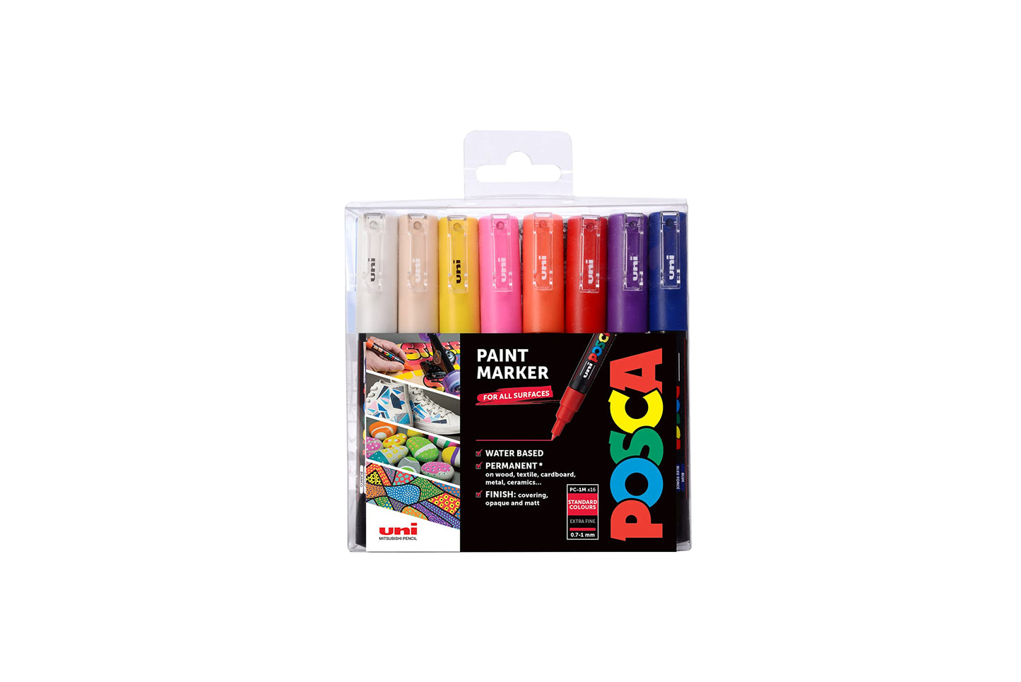 POSCA PC-1M Water Based Permanent Marker Paint Pens. Extra Fine Tip for Art & Crafts. Multi Surface Use On Wood Metal Paper Canvas Cardboard Glass Fabric Ceramic Rock Stone Pebble Porcelain. Set of 8