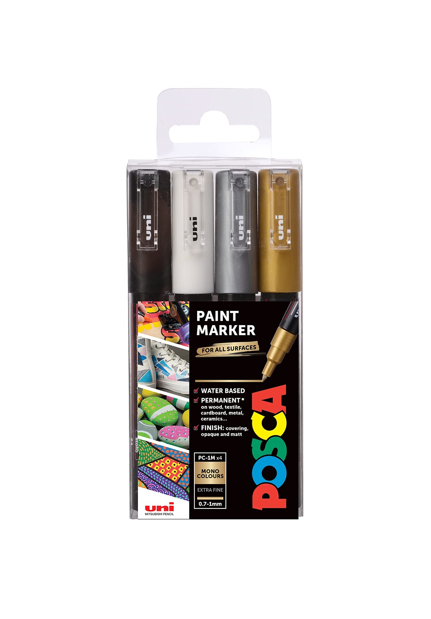 POSCA PC-1M Water Based Permanent Marker Paint Pens. Extra Fine Tip for Art & Crafts. Multi Surface Use On Wood Metal Paper Canvas Cardboard Glass Fabric Ceramic Rock Stone Pebble Porcelain. Set of 8