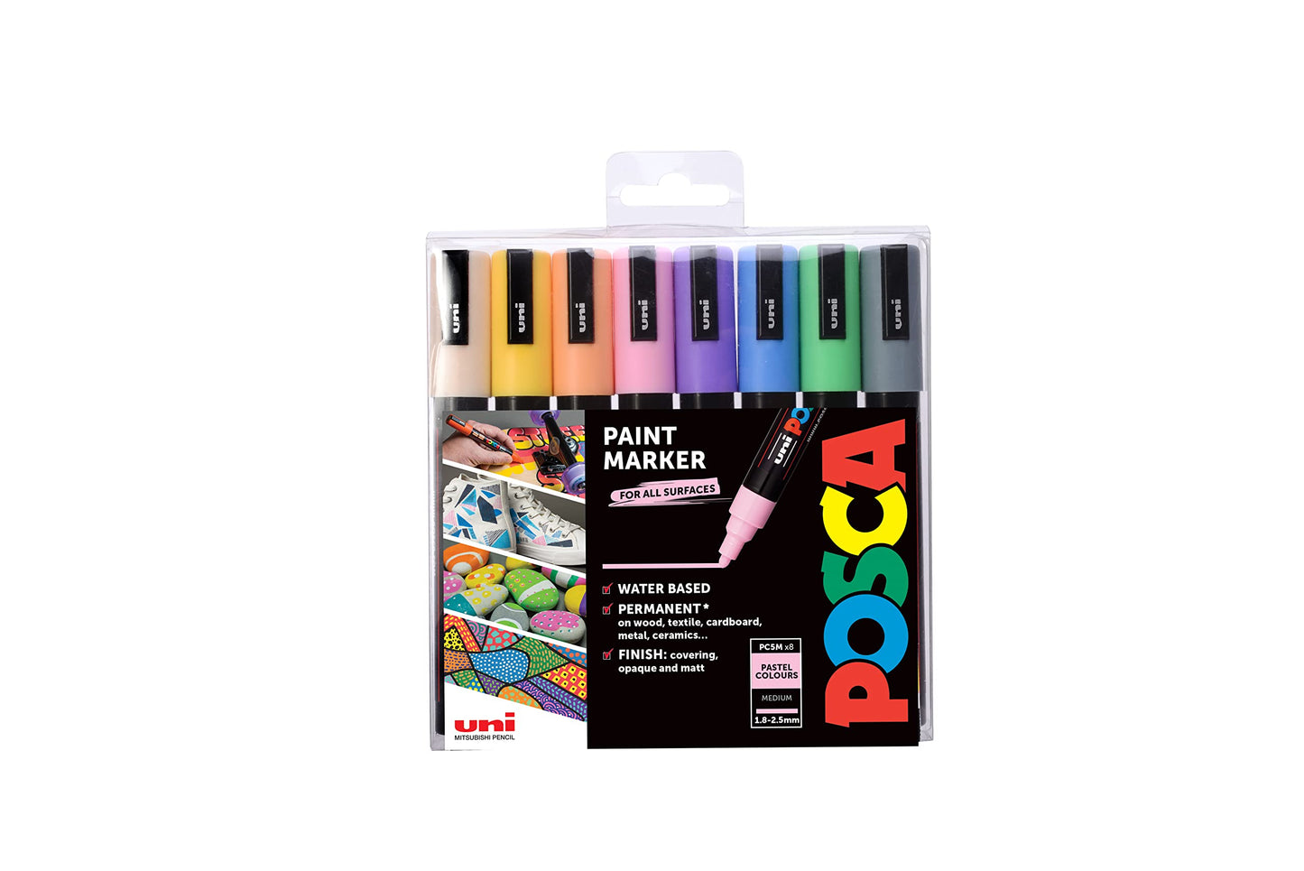 POSCA PC-1M Water Based Permanent Marker Paint Pens. Extra Fine Tip for Art & Crafts. Multi Surface Use On Wood Metal Paper Canvas Cardboard Glass Fabric Ceramic Rock Stone Pebble Porcelain. Set of 8