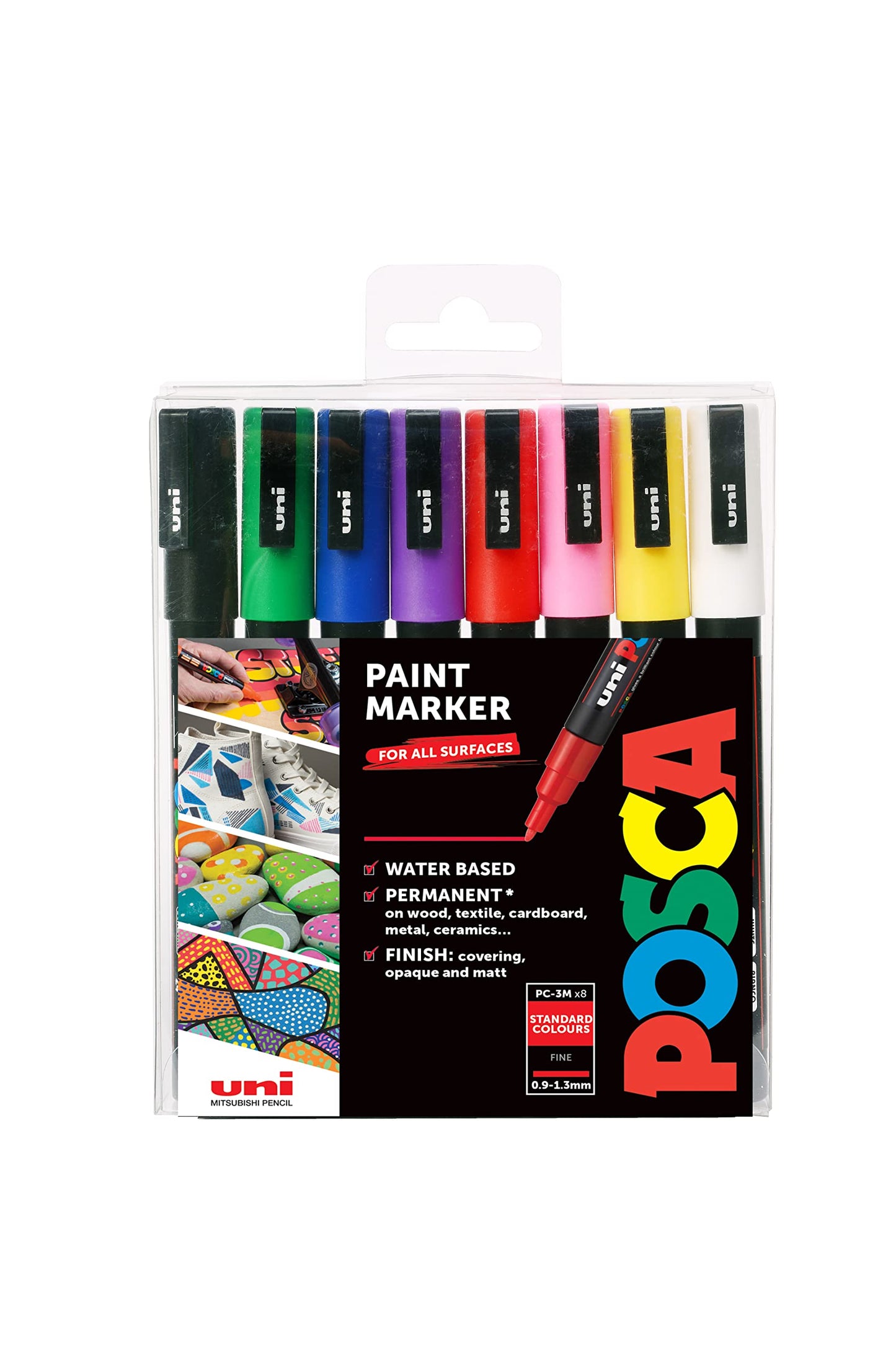 POSCA PC-1M Water Based Permanent Marker Paint Pens. Extra Fine Tip for Art & Crafts. Multi Surface Use On Wood Metal Paper Canvas Cardboard Glass Fabric Ceramic Rock Stone Pebble Porcelain. Set of 8