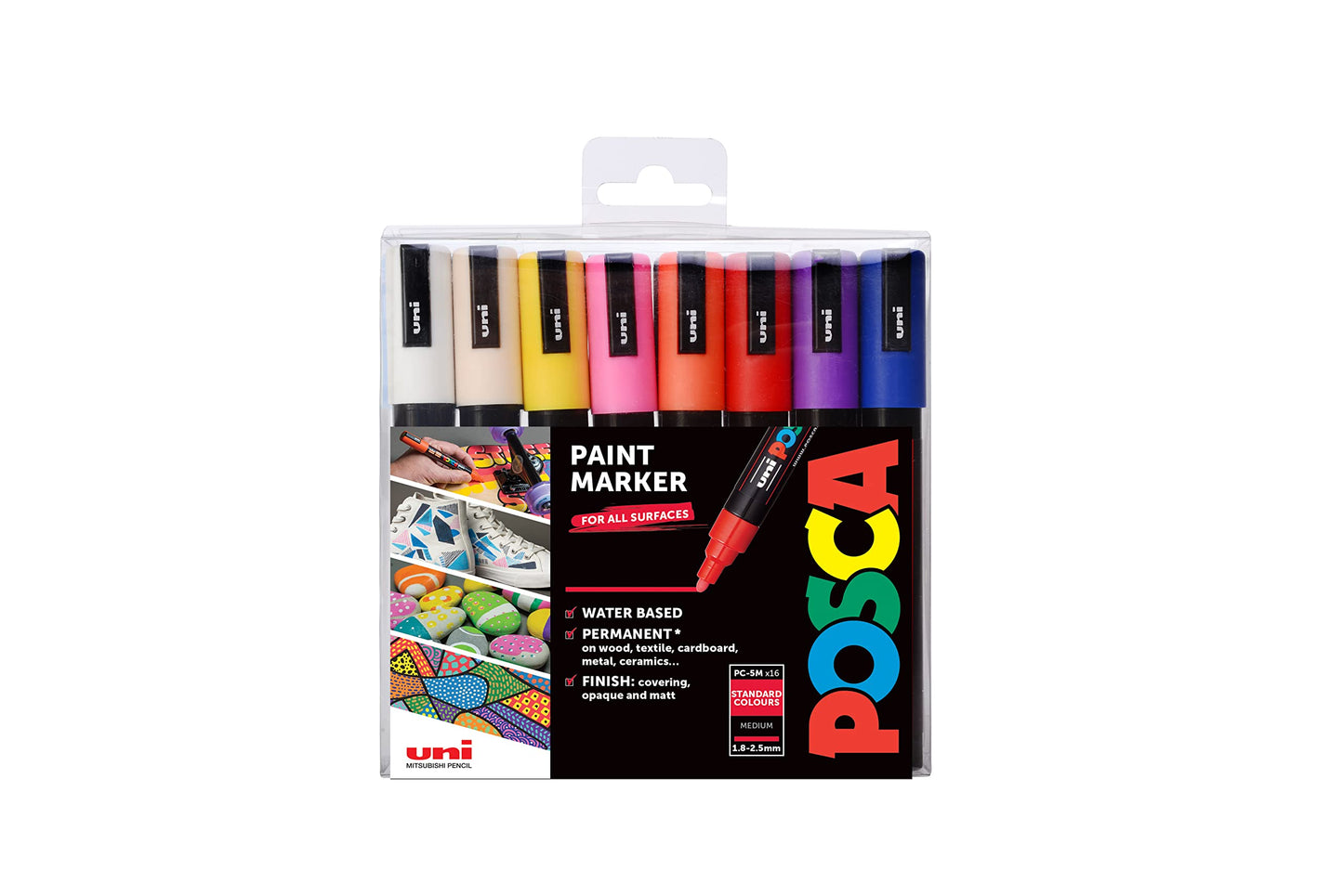 POSCA PC-1M Water Based Permanent Marker Paint Pens. Extra Fine Tip for Art & Crafts. Multi Surface Use On Wood Metal Paper Canvas Cardboard Glass Fabric Ceramic Rock Stone Pebble Porcelain. Set of 8