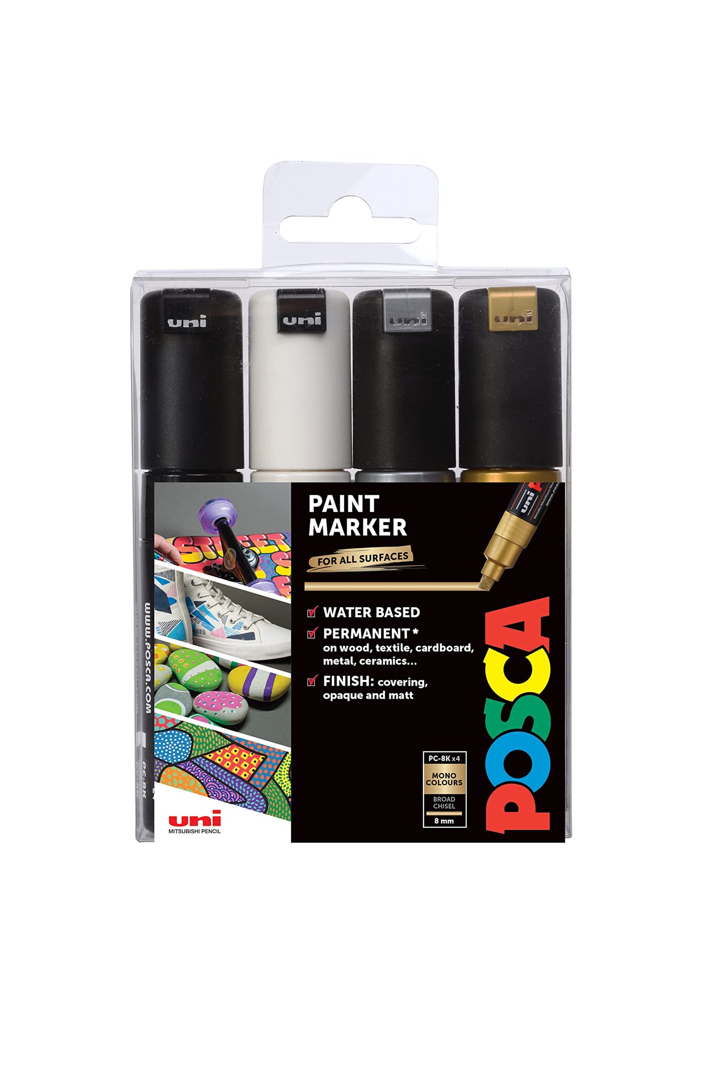 POSCA PC-1M Water Based Permanent Marker Paint Pens. Extra Fine Tip for Art & Crafts. Multi Surface Use On Wood Metal Paper Canvas Cardboard Glass Fabric Ceramic Rock Stone Pebble Porcelain. Set of 8