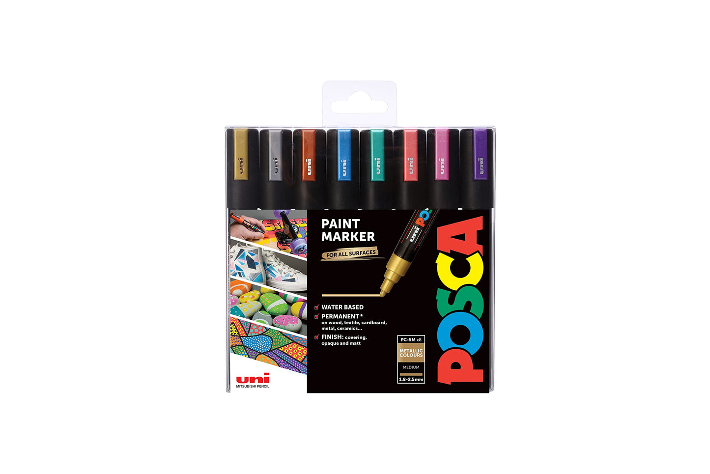 POSCA PC-1M Water Based Permanent Marker Paint Pens. Extra Fine Tip for Art & Crafts. Multi Surface Use On Wood Metal Paper Canvas Cardboard Glass Fabric Ceramic Rock Stone Pebble Porcelain. Set of 8