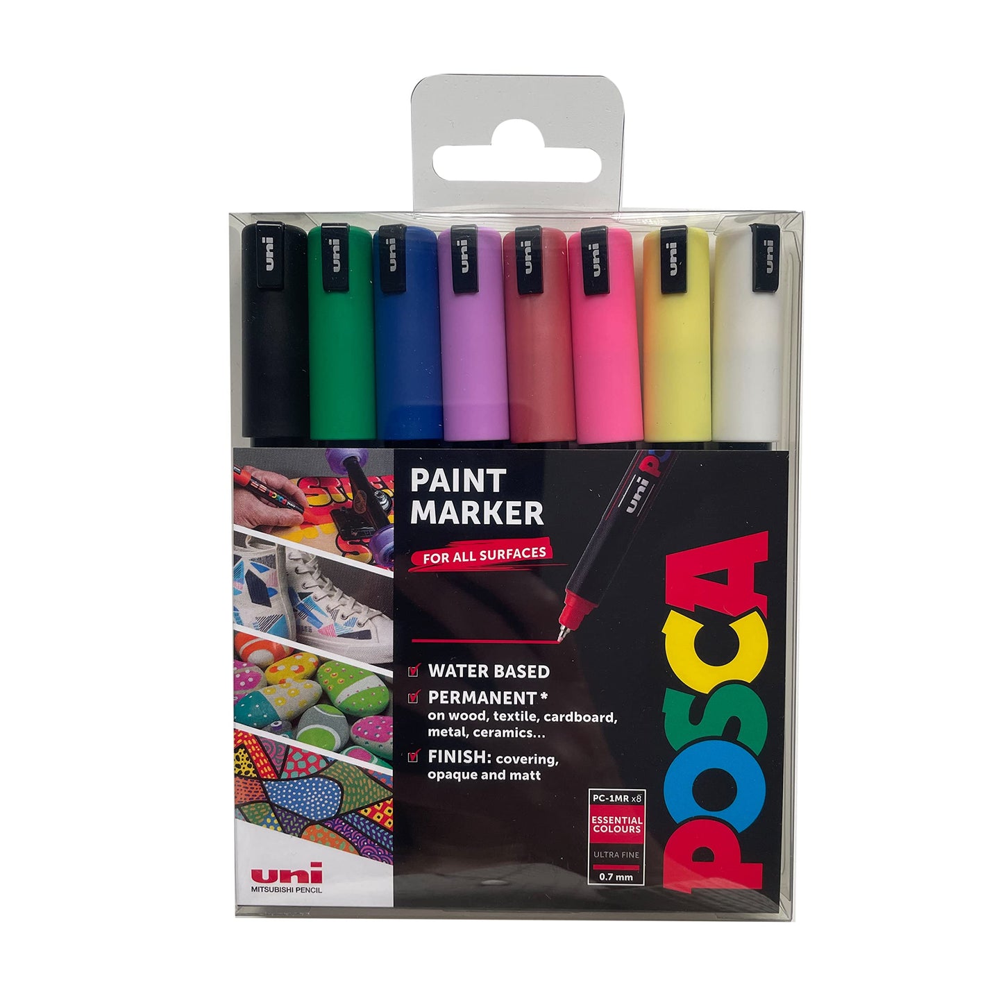 POSCA PC-1M Water Based Permanent Marker Paint Pens. Extra Fine Tip for Art & Crafts. Multi Surface Use On Wood Metal Paper Canvas Cardboard Glass Fabric Ceramic Rock Stone Pebble Porcelain. Set of 8