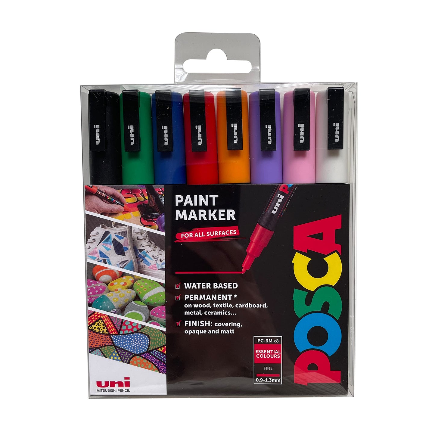 POSCA PC-1M Water Based Permanent Marker Paint Pens. Extra Fine Tip for Art & Crafts. Multi Surface Use On Wood Metal Paper Canvas Cardboard Glass Fabric Ceramic Rock Stone Pebble Porcelain. Set of 8