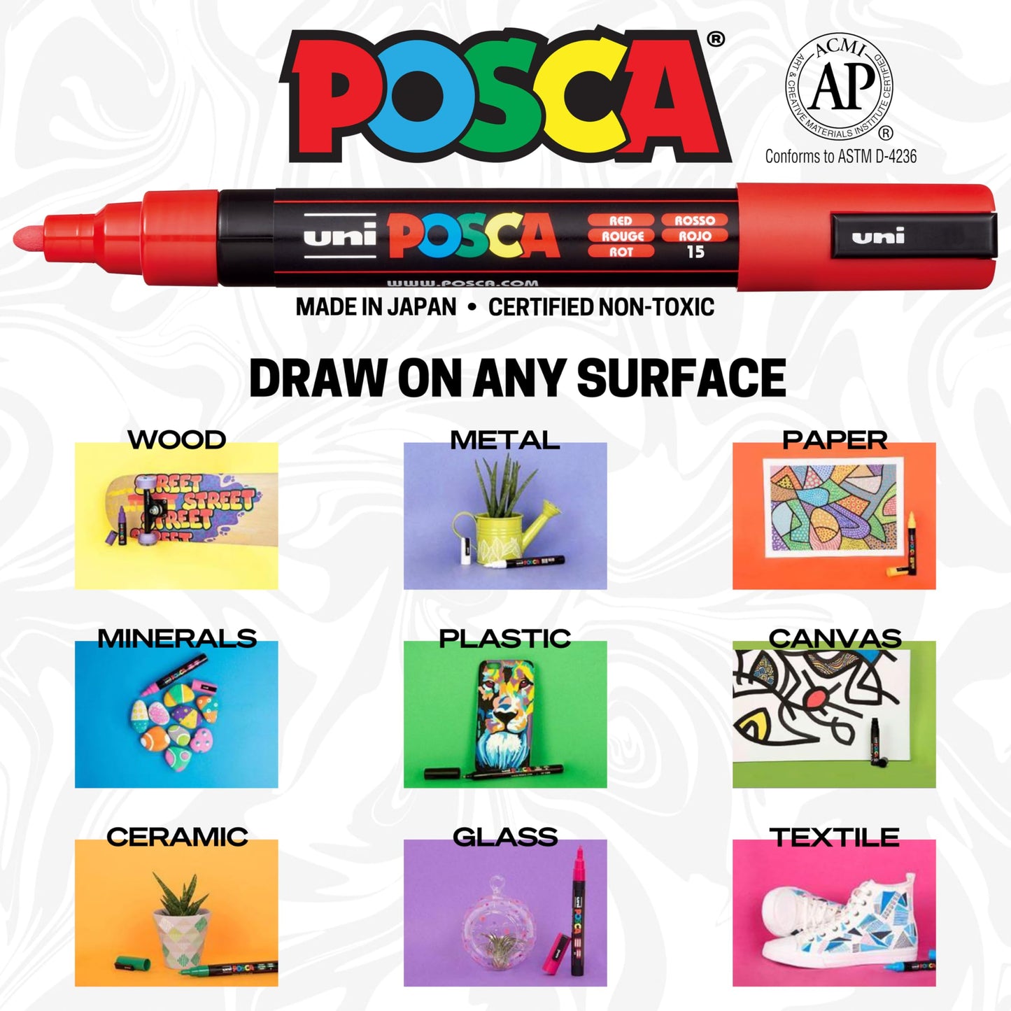 POSCA PC-1M Water Based Permanent Marker Paint Pens. Extra Fine Tip for Art & Crafts. Multi Surface Use On Wood Metal Paper Canvas Cardboard Glass Fabric Ceramic Rock Stone Pebble Porcelain. Set of 8