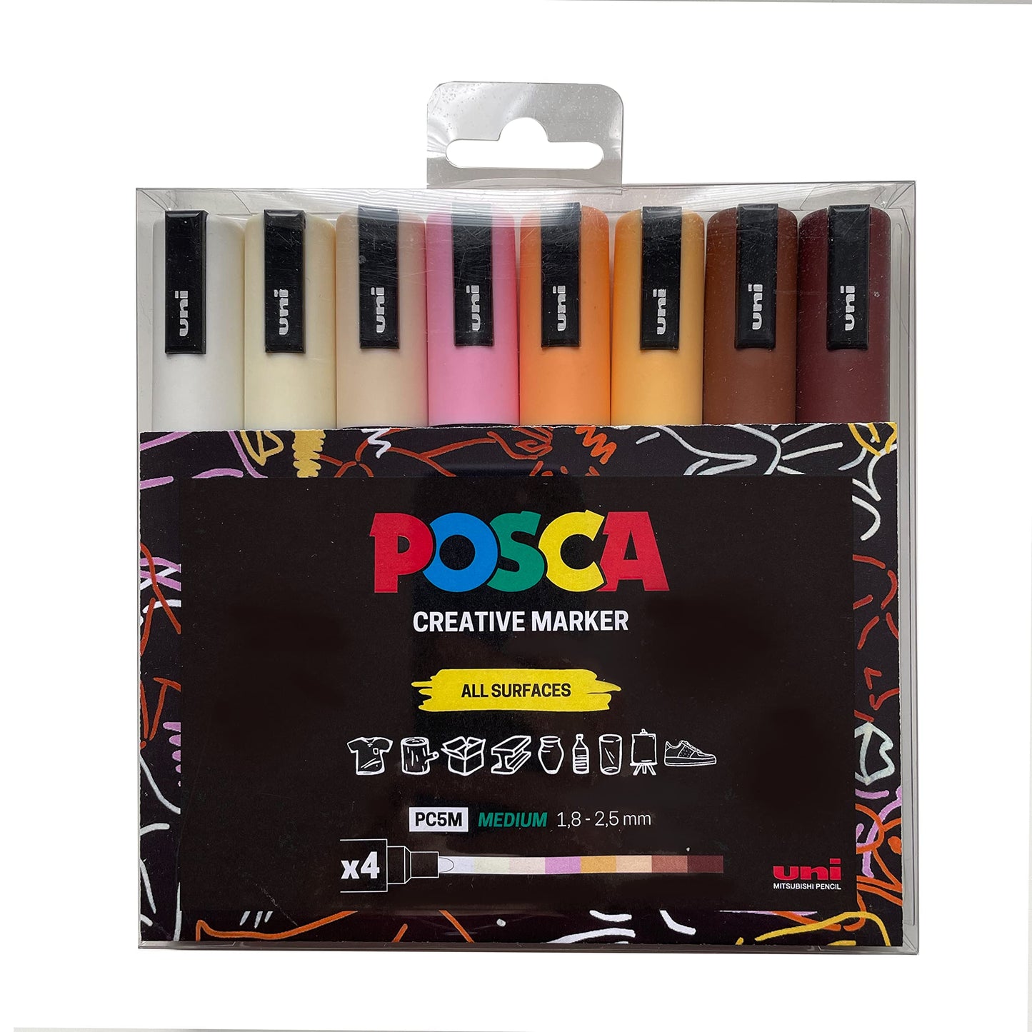 POSCA PC-1M Water Based Permanent Marker Paint Pens. Extra Fine Tip for Art & Crafts. Multi Surface Use On Wood Metal Paper Canvas Cardboard Glass Fabric Ceramic Rock Stone Pebble Porcelain. Set of 8