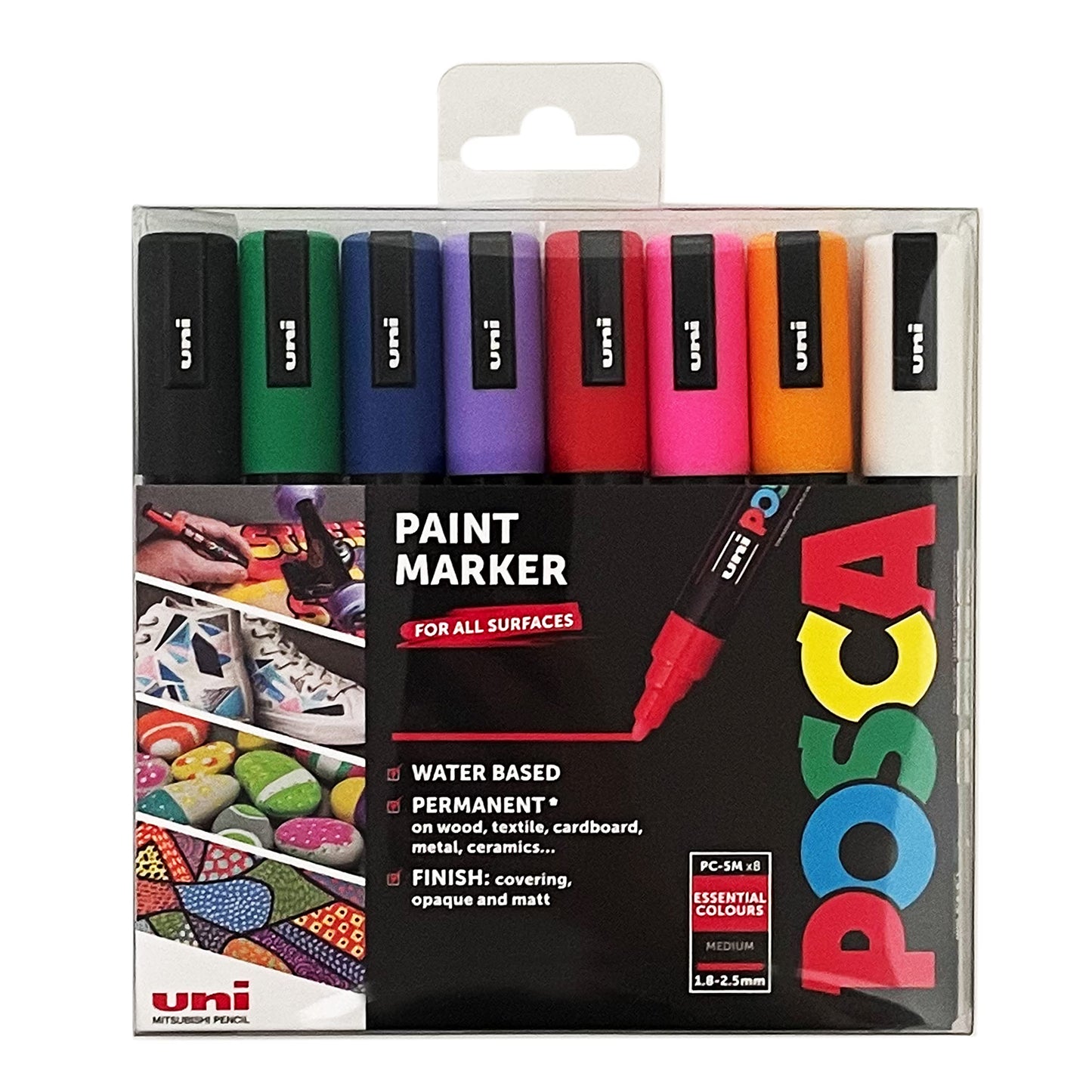 POSCA PC-1M Water Based Permanent Marker Paint Pens. Extra Fine Tip for Art & Crafts. Multi Surface Use On Wood Metal Paper Canvas Cardboard Glass Fabric Ceramic Rock Stone Pebble Porcelain. Set of 8